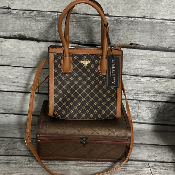 Deluxity Los Angeles Vegan Leather Purse Handbag w/Crossbody DR15059SQEX DBR/BR - Picture 1 of 6